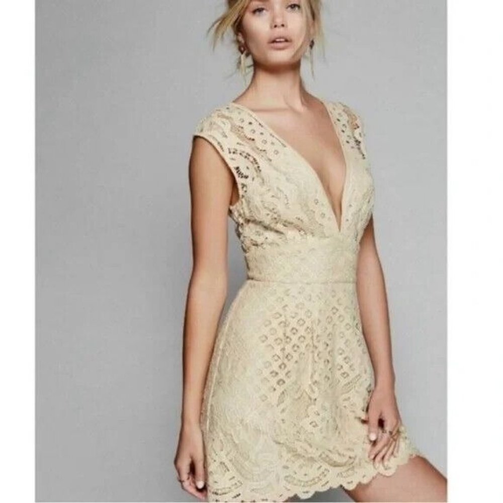 Free People One Million Lovers Plunging Neckline Lace Mini Dress Beige Women's 6